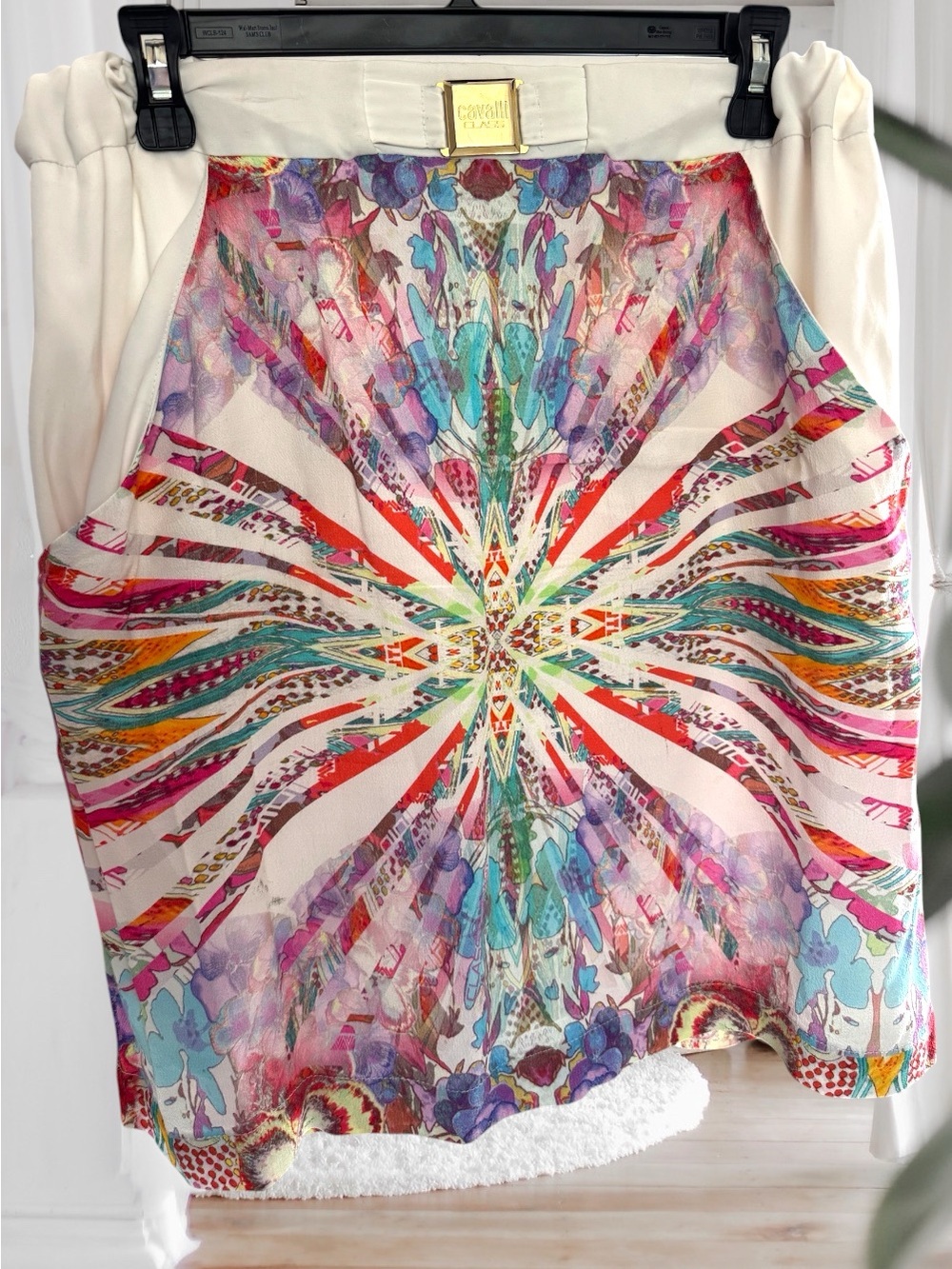 Cavalli Class white Waistband Floral Print Skirt with Gold Logo Buckle
